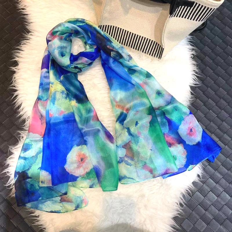 Scarf 100% Silk Paj Flower Blue Green